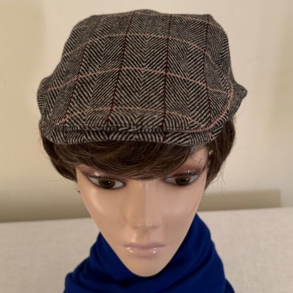 Handmade Mens Large Herringbone Pattern Wool Flat Cap Gray Plaid Newsboy - Picture 3 of 11